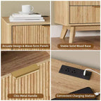 Table de chevet, Table d'appoint de 61 cm avec station de charge et 3 tiroirs, Table de chevet en bois de style moderne du milieu du siècle pour chambre à coucher, Table d'appoint pour salon