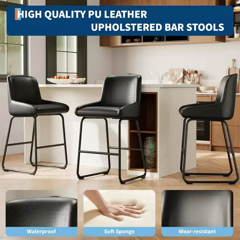 Tabourets de bar en similicuir à hauteur de comptoir, lot de 3/4, hauteur d'assise 67,3 cm, dossier rembourré ergonomique et repose-pieds, cadre en métal robuste, chaises de bar sans accoudoirs rembourrées