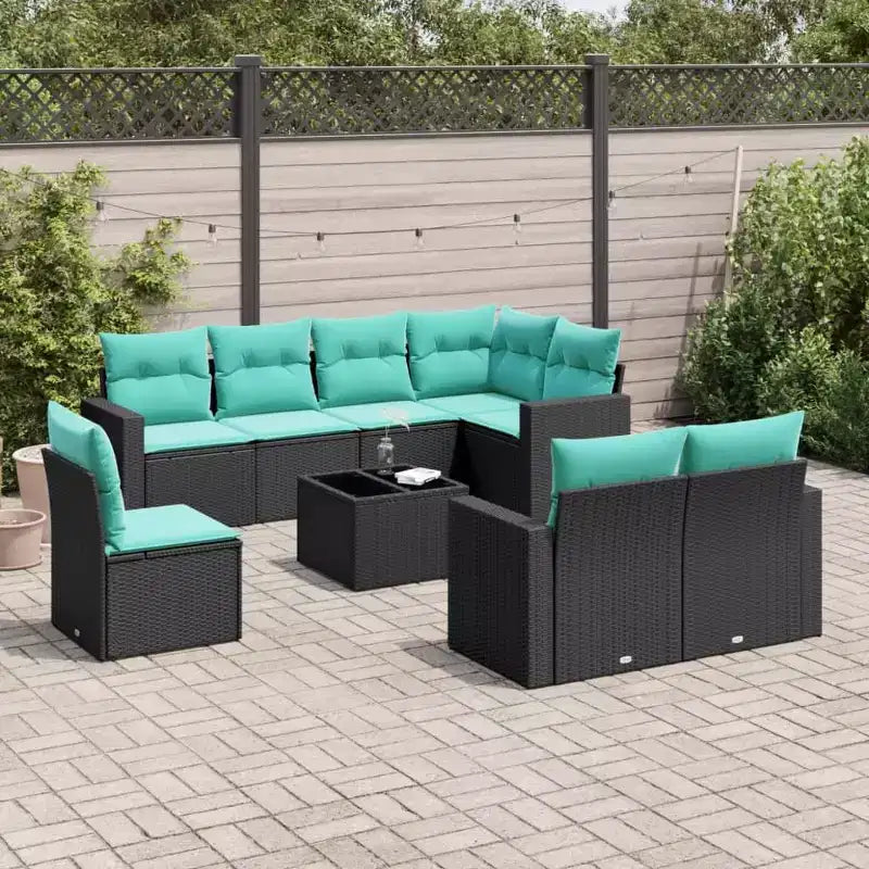 Salon de jardin 9 pièces en résine tressée noire avec coussins