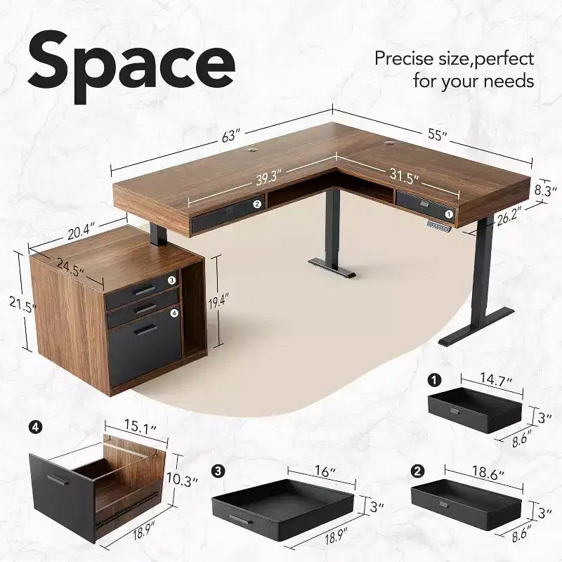Bureau d'angle électrique en forme de L de 160 x 135 cm avec 2 tiroirs de rangement et un caisson de classement, bureau d'ordinateur réglable en hauteur, couleur noyer