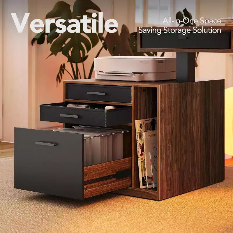 Bureau d'angle électrique en forme de L de 160 x 135 cm avec 2 tiroirs de rangement et un caisson de classement, bureau d'ordinateur réglable en hauteur, couleur noyer