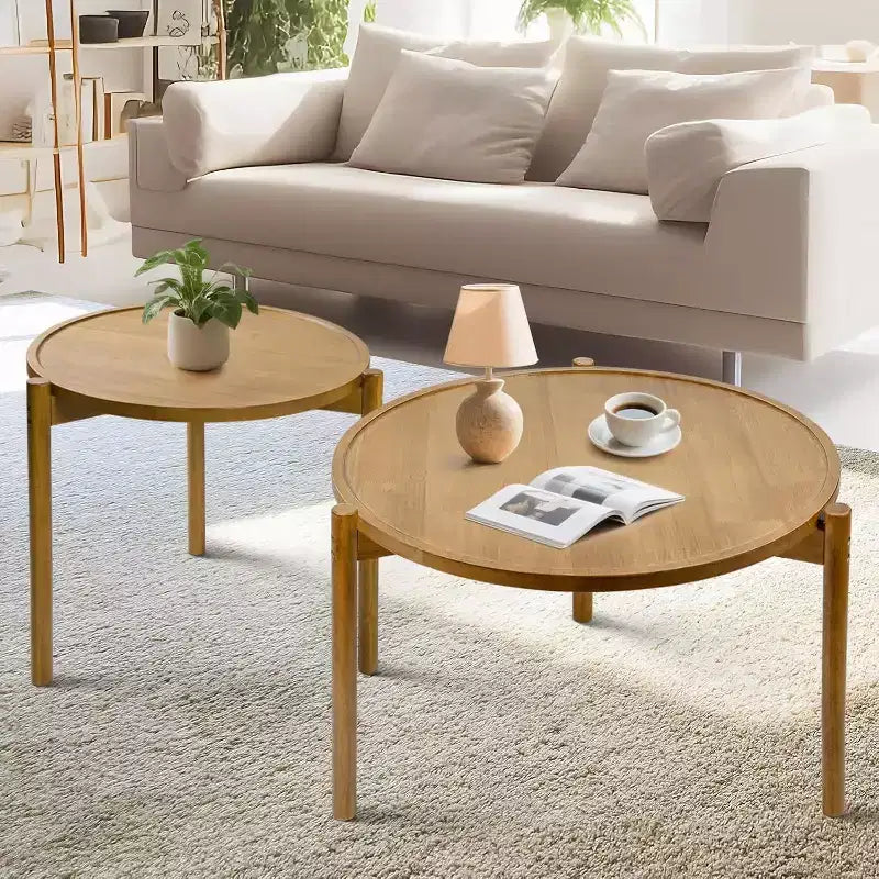 Ensemble de 2 tables basses gigognes rondes en bois, table d'appoint ronde en bois massif
