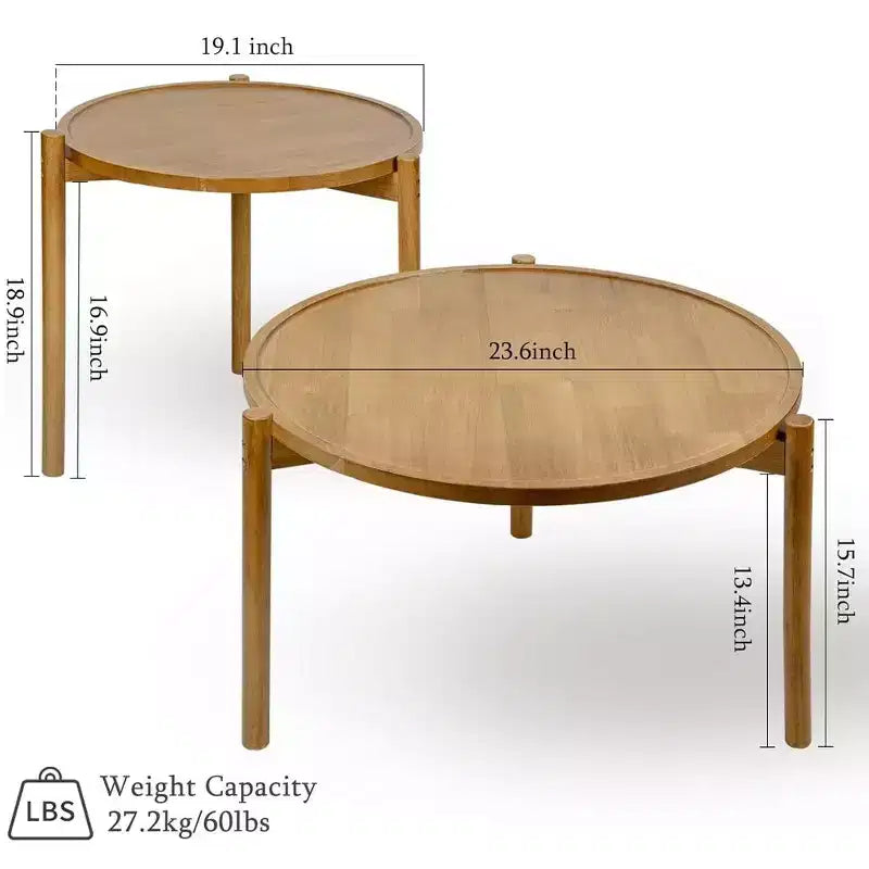 Ensemble de 2 tables basses gigognes rondes en bois, table d'appoint ronde en bois massif