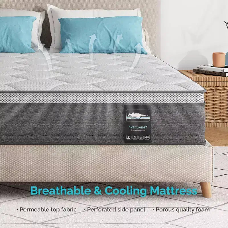 Matelas hybride rafraîchissant à 8 ressorts ensachés et 5 zones d'isolation des mouvements, avec ressorts plus épais pour un soutien durable - Fermeté moyenne - Compatible avec les lits plateformes