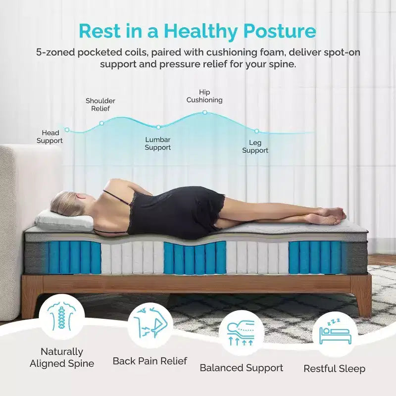 Matelas hybride rafraîchissant à 8 ressorts ensachés et 5 zones d'isolation des mouvements, avec ressorts plus épais pour un soutien durable - Fermeté moyenne - Compatible avec les lits plateformes