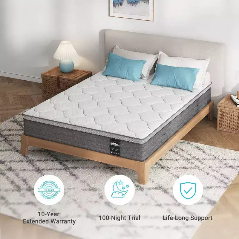 Matelas hybride rafraîchissant à 8 ressorts ensachés et 5 zones d'isolation des mouvements, avec ressorts plus épais pour un soutien durable - Fermeté moyenne - Compatible avec les lits plateformes