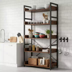 Étagère de rangement à 5 niveaux avec crochets, étagères ouvertes, design grain de bois rustique, pieds réglables Marron+Noir (1 ou 2 pièces)