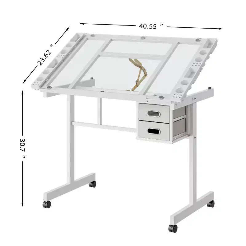 Table à dessin réglable Magdalena Modern Metal avec plateau en verre trempé, 2 tiroirs en tissu et 4 roulettes