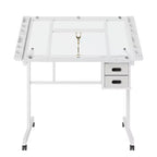 Table à dessin réglable Magdalena Modern Metal avec plateau en verre trempé, 2 tiroirs en tissu et 4 roulettes