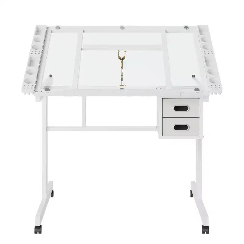 Table à dessin réglable Magdalena Modern Metal avec plateau en verre trempé, 2 tiroirs en tissu et 4 roulettes