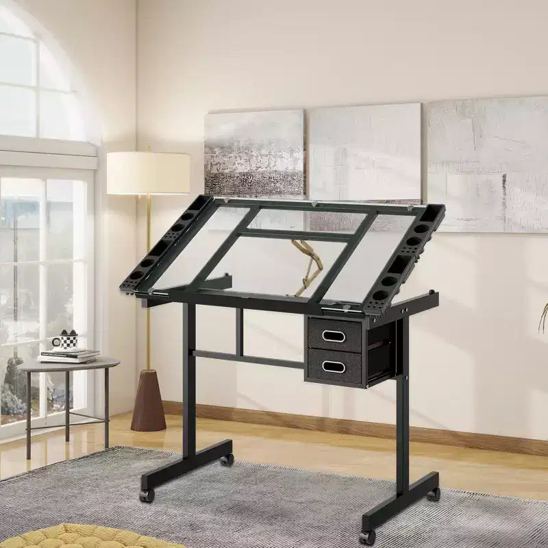 Table à dessin réglable Magdalena Modern Metal avec plateau en verre trempé, 2 tiroirs en tissu et 4 roulettes