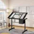 Table à dessin réglable Magdalena Modern Metal avec plateau en verre trempé, 2 tiroirs en tissu et 4 roulettes