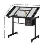 Table à dessin réglable Magdalena Modern Metal avec plateau en verre trempé, 2 tiroirs en tissu et 4 roulettes