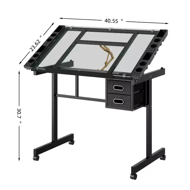 Table à dessin réglable Magdalena Modern Metal avec plateau en verre trempé, 2 tiroirs en tissu et 4 roulettes