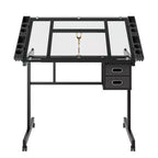 Table à dessin réglable Magdalena Modern Metal avec plateau en verre trempé, 2 tiroirs en tissu et 4 roulettes