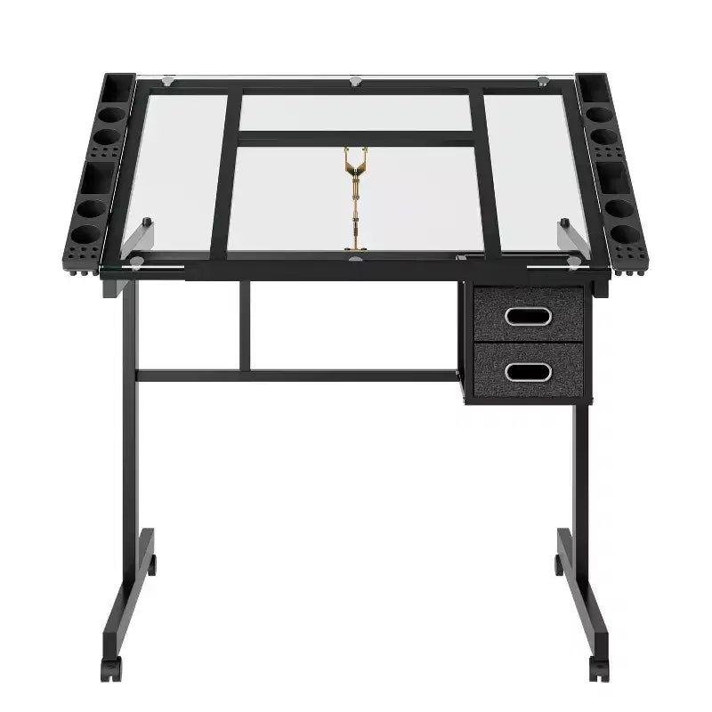Table à dessin réglable Magdalena Modern Metal avec plateau en verre trempé, 2 tiroirs en tissu et 4 roulettes