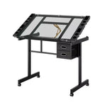 Table à dessin réglable Magdalena Modern Metal avec plateau en verre trempé, 2 tiroirs en tissu et 4 roulettes