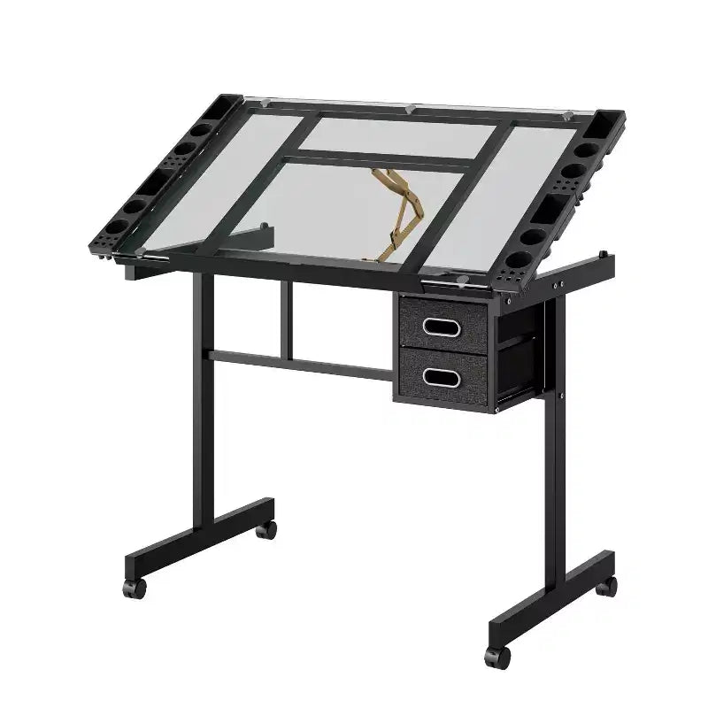 Table à dessin réglable Magdalena Modern Metal avec plateau en verre trempé, 2 tiroirs en tissu et 4 roulettes