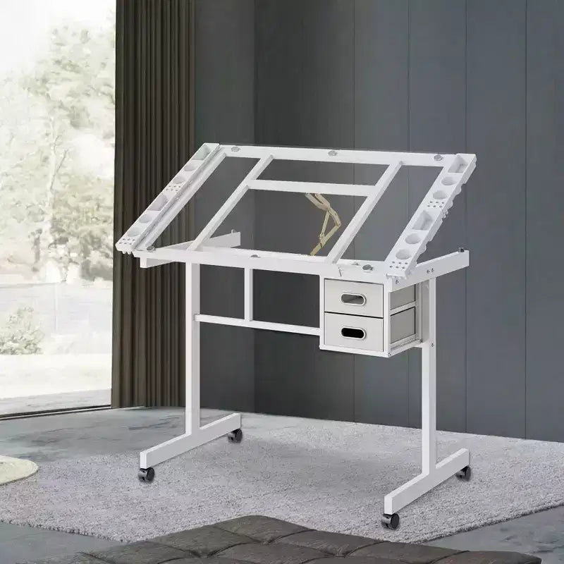 Table à dessin réglable Magdalena Modern Metal avec plateau en verre trempé, 2 tiroirs en tissu et 4 roulettes