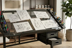 GDFStudio Magdalena Modern Metal Adjustable Drafting Desk with Tempered Glass, 2 Fabric Drawers and 4 Wheels