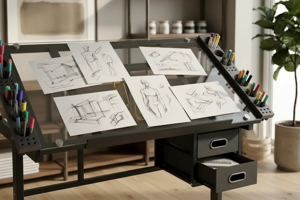 GDFStudio Magdalena Modern Metal Adjustable Drafting Desk with Tempered Glass, 2 Fabric Drawers and 4 Wheels