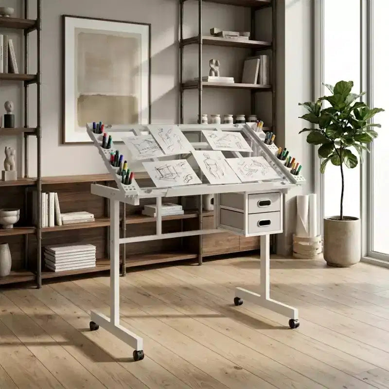 Table à dessin réglable Magdalena Modern Metal avec plateau en verre trempé, 2 tiroirs en tissu et 4 roulettes