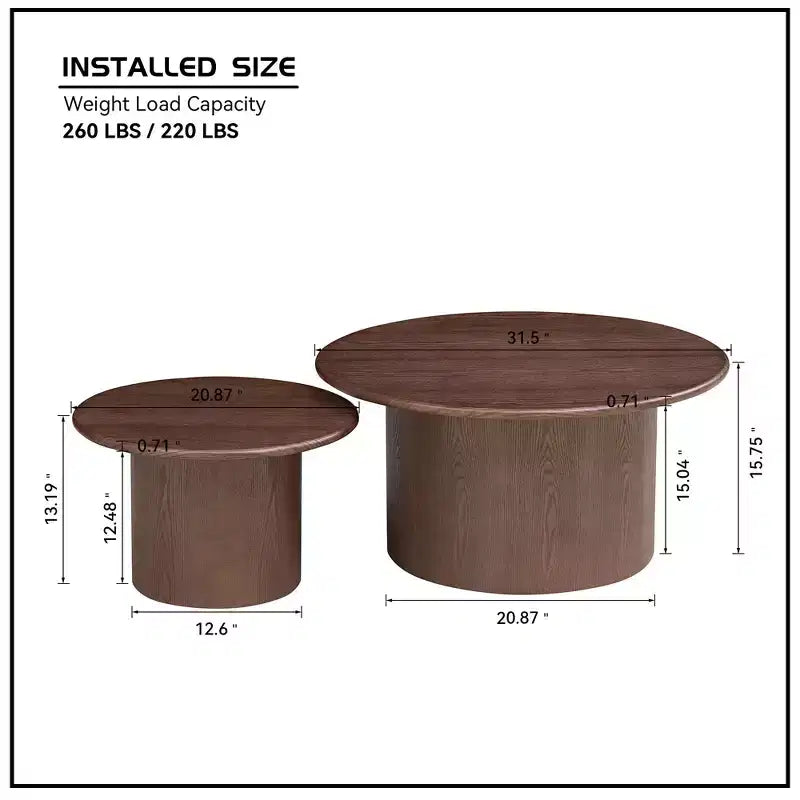 Tables basses gigognes (lot de 2), tables basses rondes en MDF pour salon, appartement, espace détente, noyer