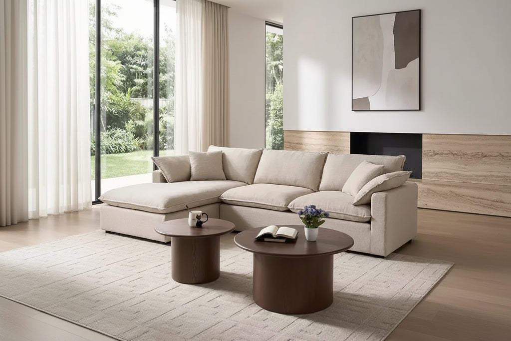 Tables basses gigognes (lot de 2), tables basses rondes en MDF pour salon, appartement, espace détente, noyer