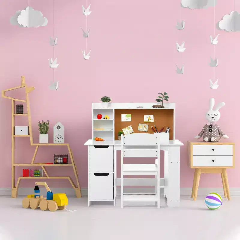 Ensemble bureau et chaise pour enfants, table d'étude en bois avec étagère et rangement, tableau d'affichage, ensemble de bureau d'apprentissage scolaire pour enfants, pour enfants, blanc