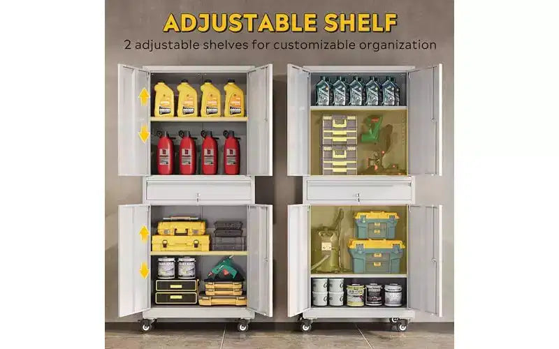 Armoire de rangement de garage en métal avec portes verrouillables et étagères flexibles, armoire à outils roulante avec tiroir pour garage, entrepôt, maison, blanc
