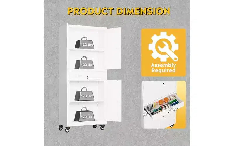 Armoire de rangement de garage en métal avec portes verrouillables et étagères flexibles, armoire à outils roulante avec tiroir pour garage, entrepôt, maison, blanc
