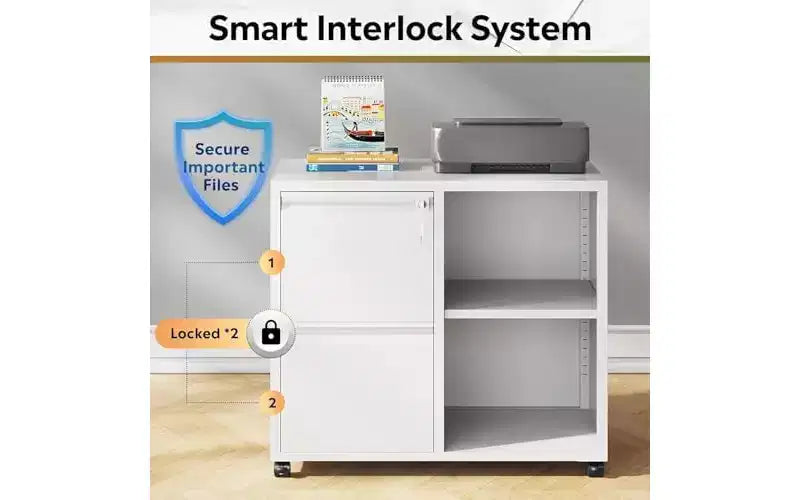 Meuble classeur métallique latéral avec serrure, support d'imprimante roulant à 2 tiroirs avec étagère, meuble de rangement mobile pour bureau à domicile