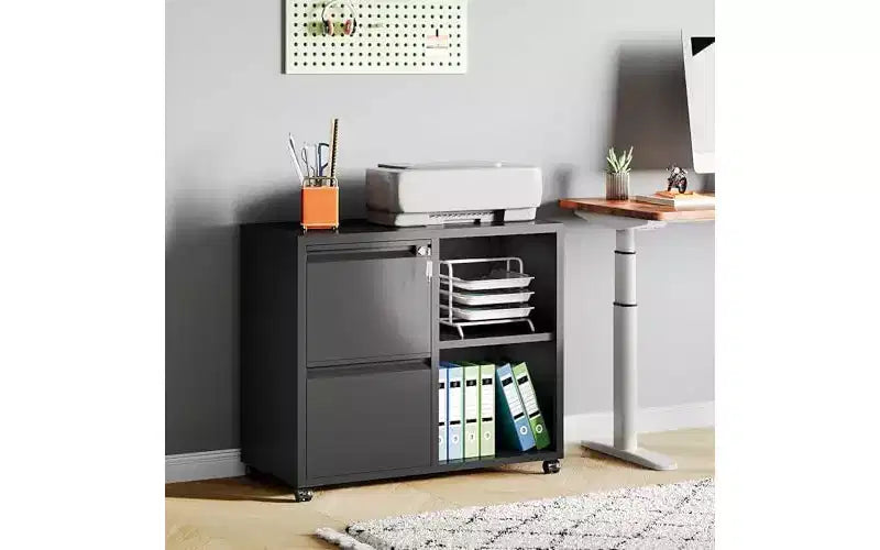 Meuble classeur métallique latéral avec serrure, support d'imprimante roulant à 2 tiroirs avec étagère, meuble de rangement mobile pour bureau à domicile