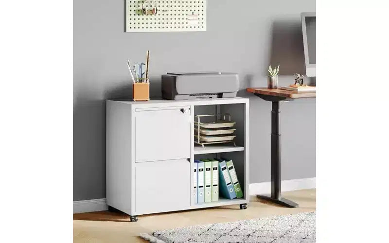 Meuble classeur métallique latéral avec serrure, support d'imprimante roulant à 2 tiroirs avec étagère, meuble de rangement mobile pour bureau à domicile