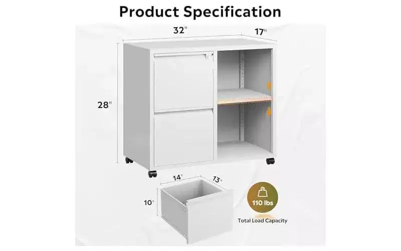 Meuble classeur métallique latéral avec serrure, support d'imprimante roulant à 2 tiroirs avec étagère, meuble de rangement mobile pour bureau à domicile