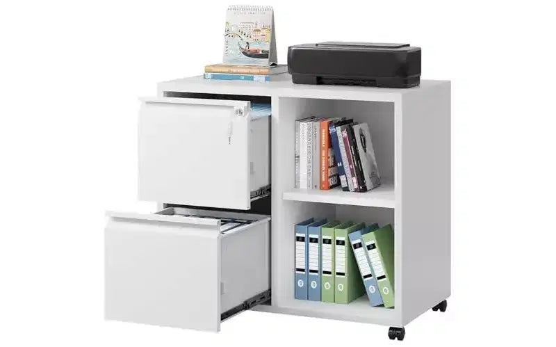 Meuble classeur métallique latéral avec serrure, support d'imprimante roulant à 2 tiroirs avec étagère, meuble de rangement mobile pour bureau à domicile