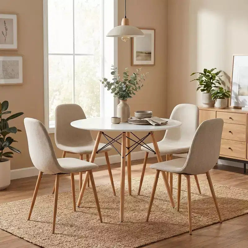 Ensemble Table et Chaises de Salle à Manger Rond pour 4, Table de Cuisine de 80 cm avec 4 Chaises Rembourrées, Ensemble Repas Pieds en Bois pour Petits Espaces, Appartement, Coin Repas