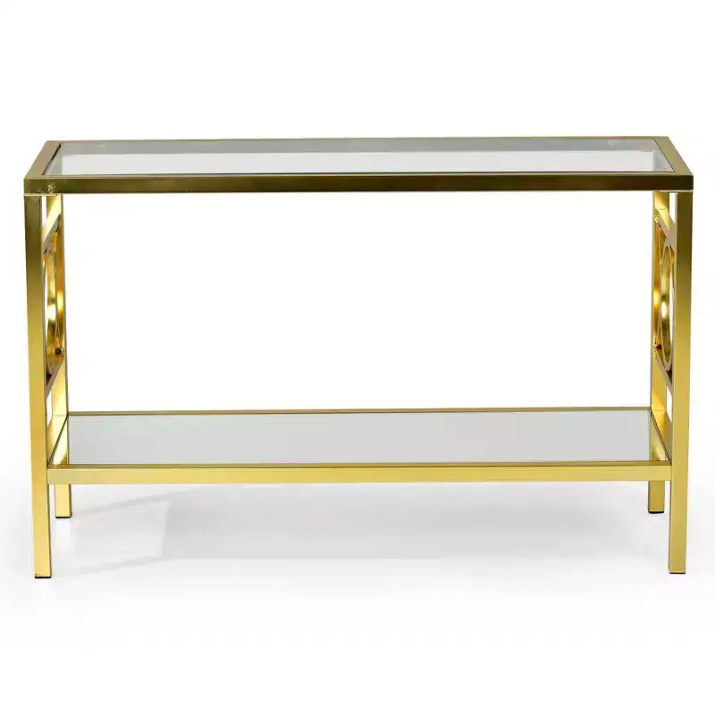 Table basse Olympia verre fer et chrome : base miroir, design latéral circulaire, assemblage sans outils